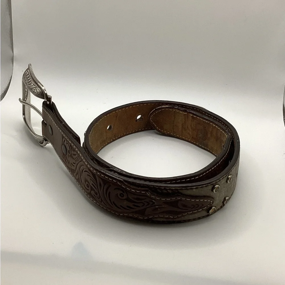 3D Tan Western Floral Leather Tooled Studded Belt Size 24 Kids